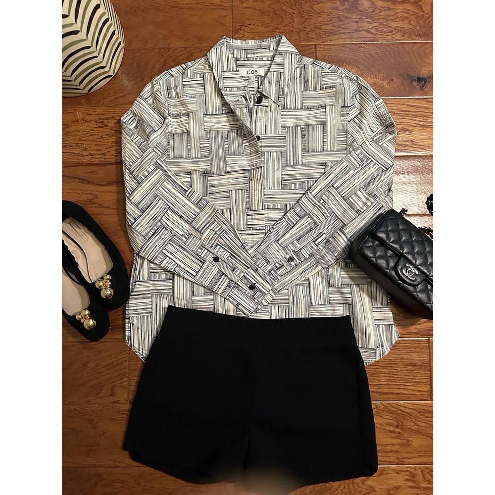 COS Womens Abstract Linear Print Shirt Black White Geometric Blouse Size US 6
